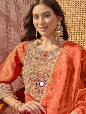 Embroidered round neck a-line kurta & palazzos with dupatta 2