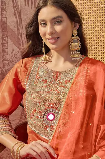 Embroidered round neck a-line kurta & palazzos with dupatta