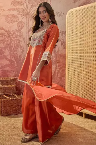 Embroidered round neck a-line kurta & palazzos with dupatta