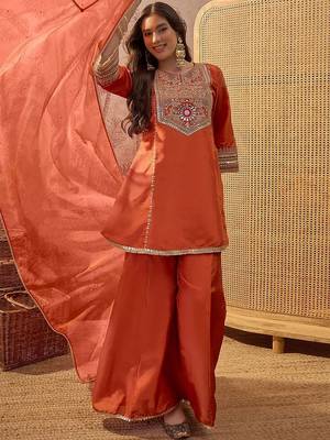 Embroidered  round neck kurta & palazzos with dupatta 1