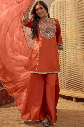 Embroidered  round neck kurta & palazzos with dupatta