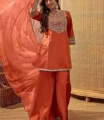 Embroidered  round neck kurta & palazzos with dupatta