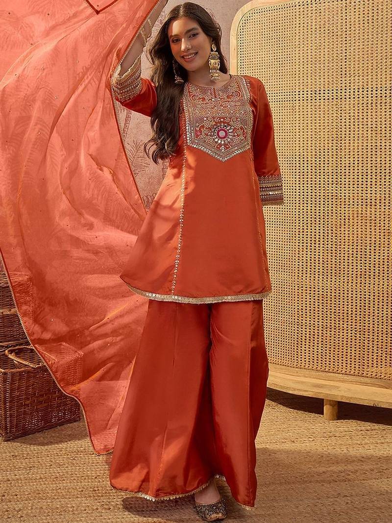 Embroidered  round neck kurta & palazzos with dupatta