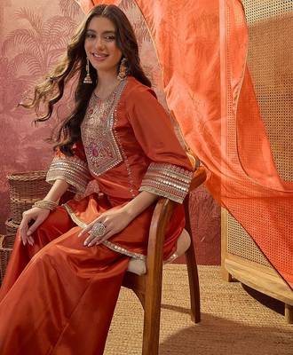 Embroidered  round neck kurta & palazzos with dupatta 2