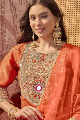 Embroidered  round neck kurta & palazzos with dupatta