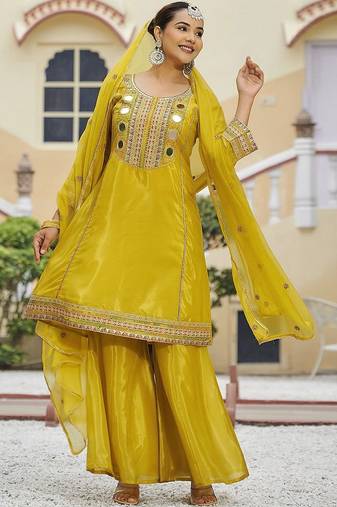 Embroidered round neck kurta & palazzos with dupatta