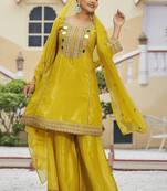 Embroidered round neck kurta & palazzos with dupatta