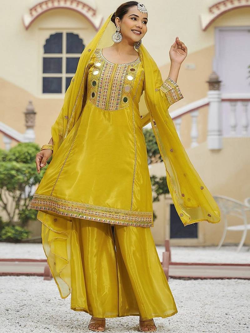 Embroidered round neck kurta & palazzos with dupatta