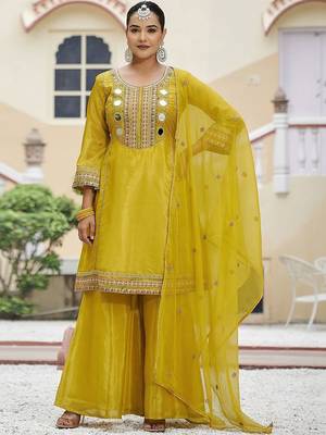 Embroidered round neck kurta & palazzos with dupatta 2