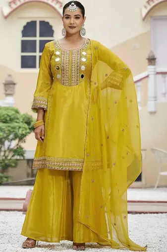 Embroidered round neck kurta & palazzos with dupatta