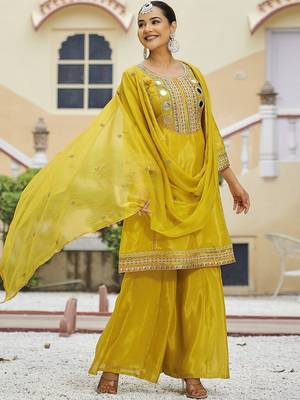 Embroidered round neck kurta & palazzos with dupatta 3