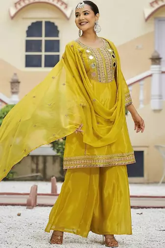 Embroidered round neck kurta & palazzos with dupatta