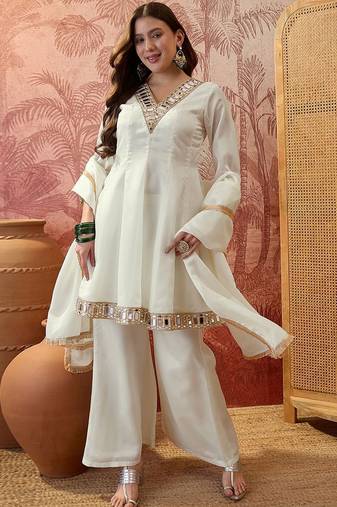 Embroidered v-neck a-line kurta with palazzos & dupatta
