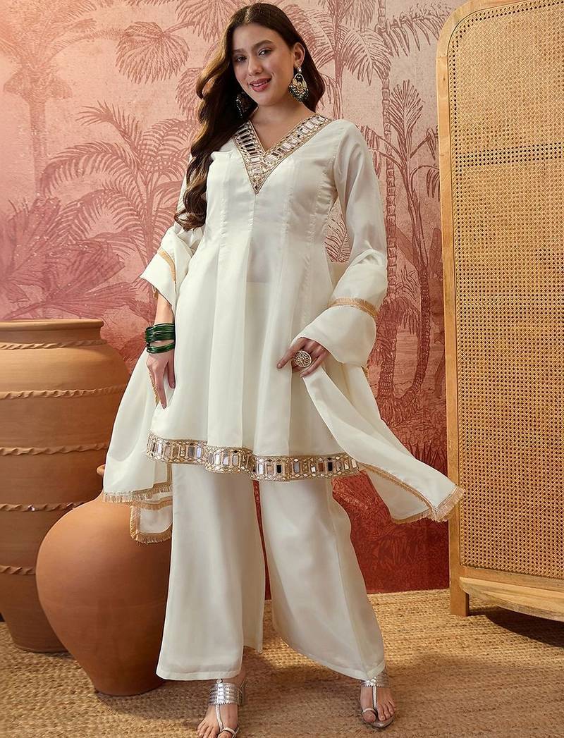 Embroidered v-neck a-line kurta with palazzos & dupatta