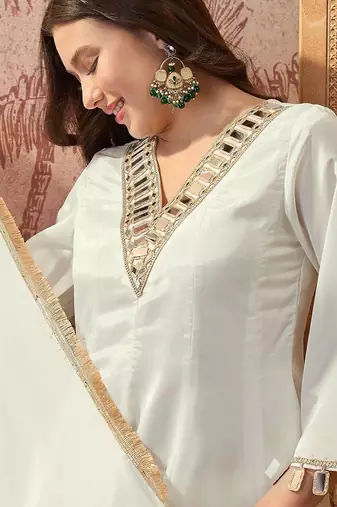 Embroidered v-neck a-line kurta with palazzos & dupatta