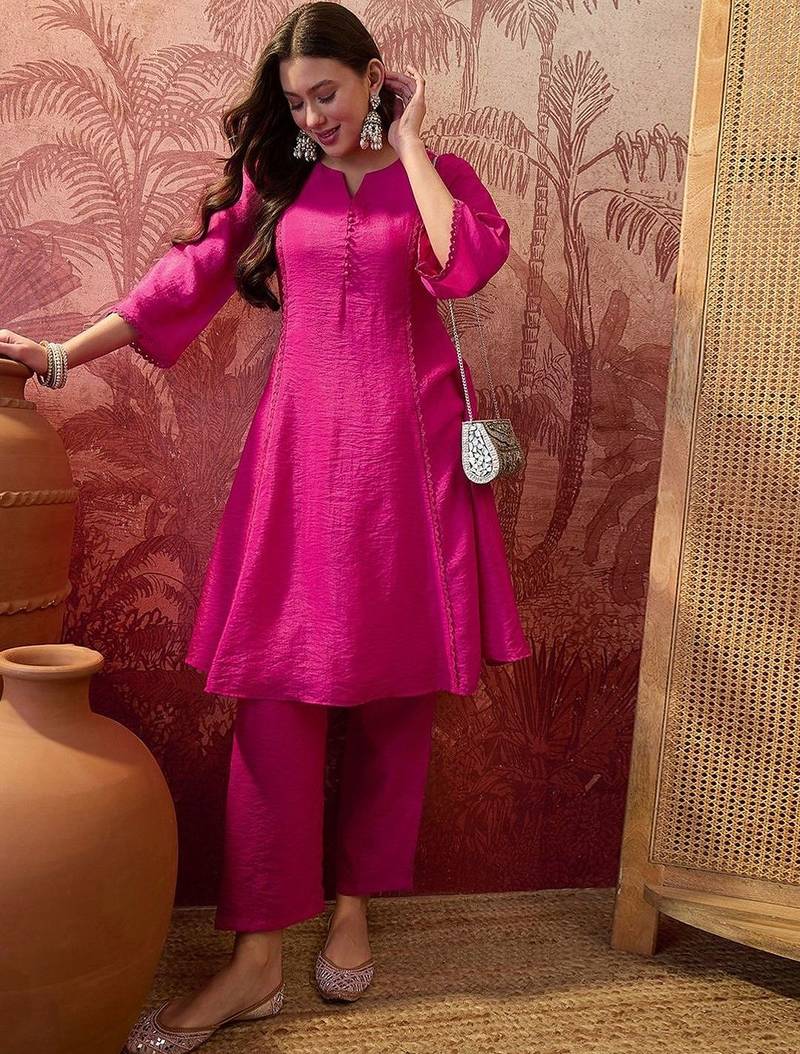 Embroidered round neck kurta & trousers