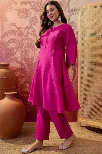 Embroidered round neck kurta & trousers