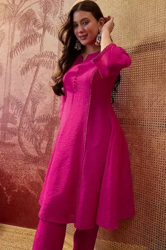 Embroidered round neck kurta & trousers
