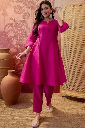 Embroidered round neck kurta & trousers