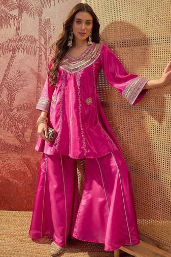 Embroidered  round neck kurta & palazzos