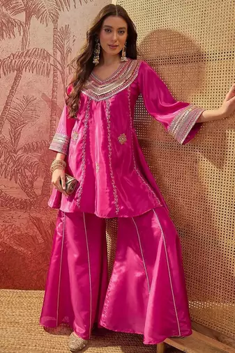 Embroidered  round neck kurta & palazzos
