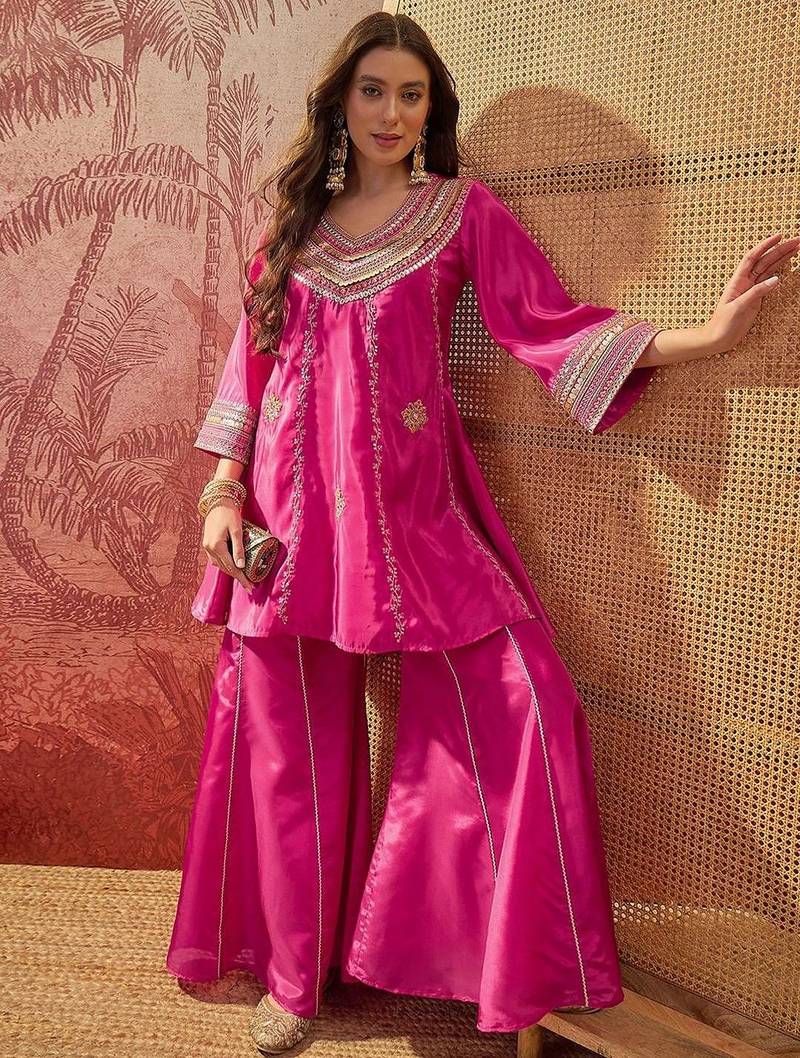 Embroidered  round neck kurta & palazzos