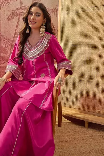 Embroidered  round neck kurta & palazzos