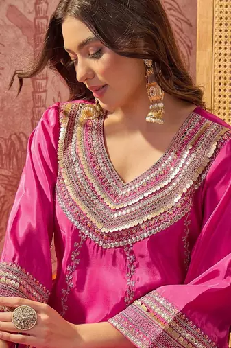 Embroidered  round neck kurta & palazzos
