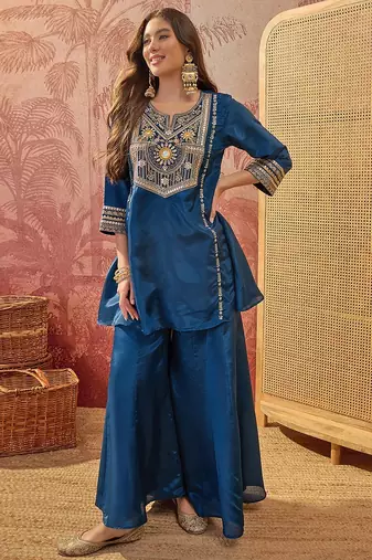 Embroidered  round neck kurta & palazzos