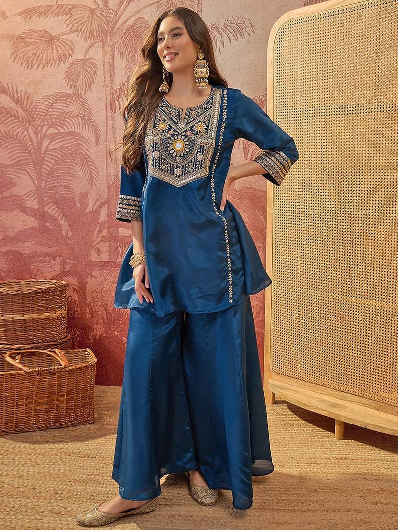 Embroidered  round neck kurta & palazzos