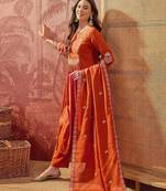 Embroidered  round neck kurta & trousers with dupatta