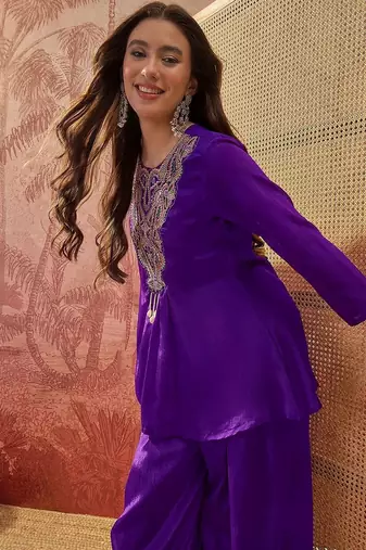 Embroidered  round neck kurta & palazzos