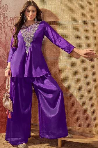 Embroidered  round neck kurta & palazzos
