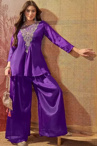 Embroidered  round neck kurta & palazzos
