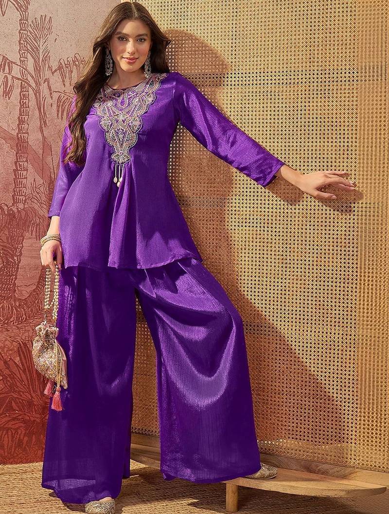 Embroidered  round neck kurta & palazzos
