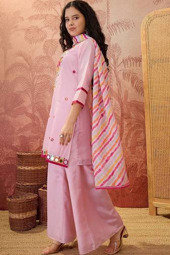 Silk blend round neck top & trousers with dupatta