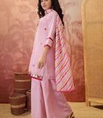 Silk blend round neck top & trousers with dupatta