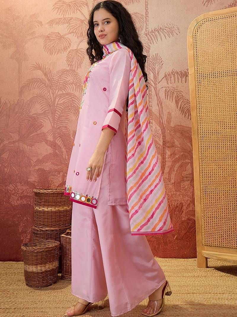 Silk blend round neck top & trousers with dupatta