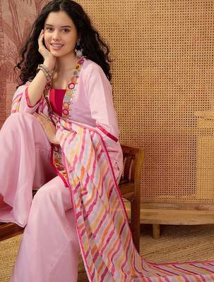 Silk blend round neck top & trousers with dupatta 2