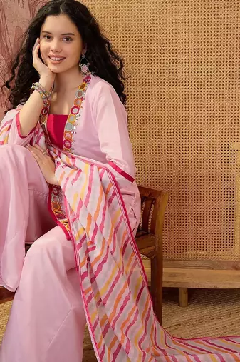 Silk blend round neck top & trousers with dupatta