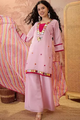 Silk blend round neck top & trousers with dupatta