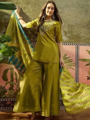 Embroidered round neck kurta & palazzos with dupatta kurta set 1