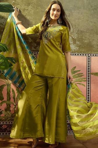 Embroidered round neck kurta & palazzos with dupatta kurta set
