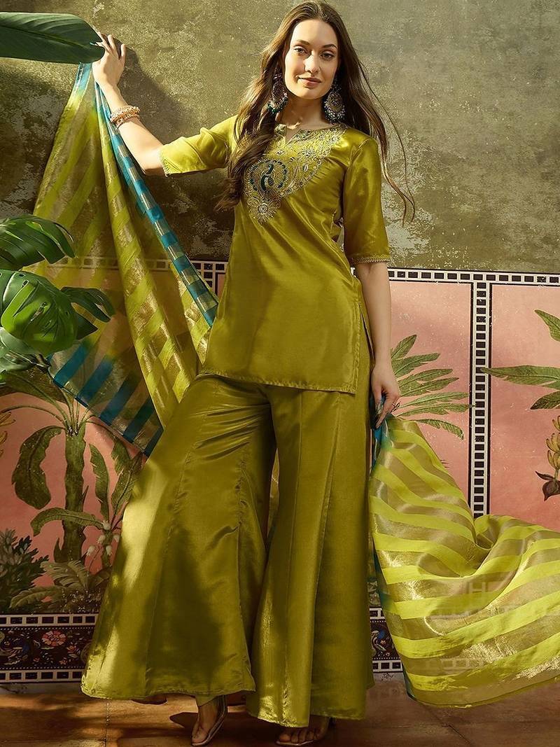 Embroidered round neck kurta & palazzos with dupatta kurta set