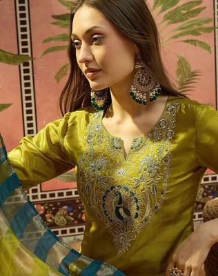Embroidered round neck kurta & palazzos with dupatta kurta set 2