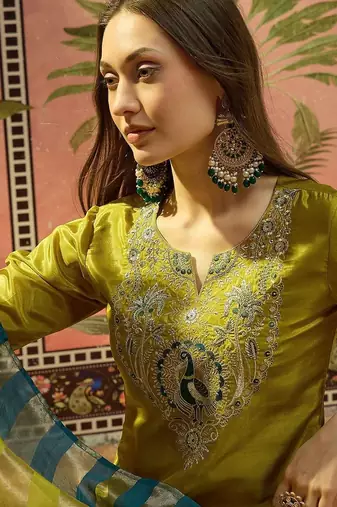 Embroidered round neck kurta & palazzos with dupatta kurta set