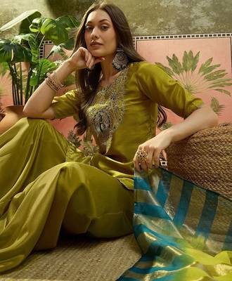 Embroidered round neck kurta & palazzos with dupatta kurta set 3