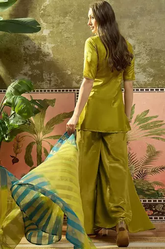Embroidered round neck kurta & palazzos with dupatta kurta set