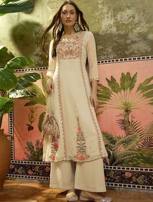 Embroidered georgette round neck kurta & palazzos kurta set 1