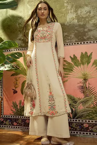 Embroidered georgette round neck kurta & palazzos kurta set